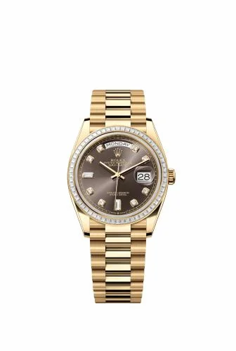 Rolex Day-Date 36 Yellow Gold - Baguette / Dark Grey - Diamond / President 128398TBR-0006 (m128398tbr-0006)